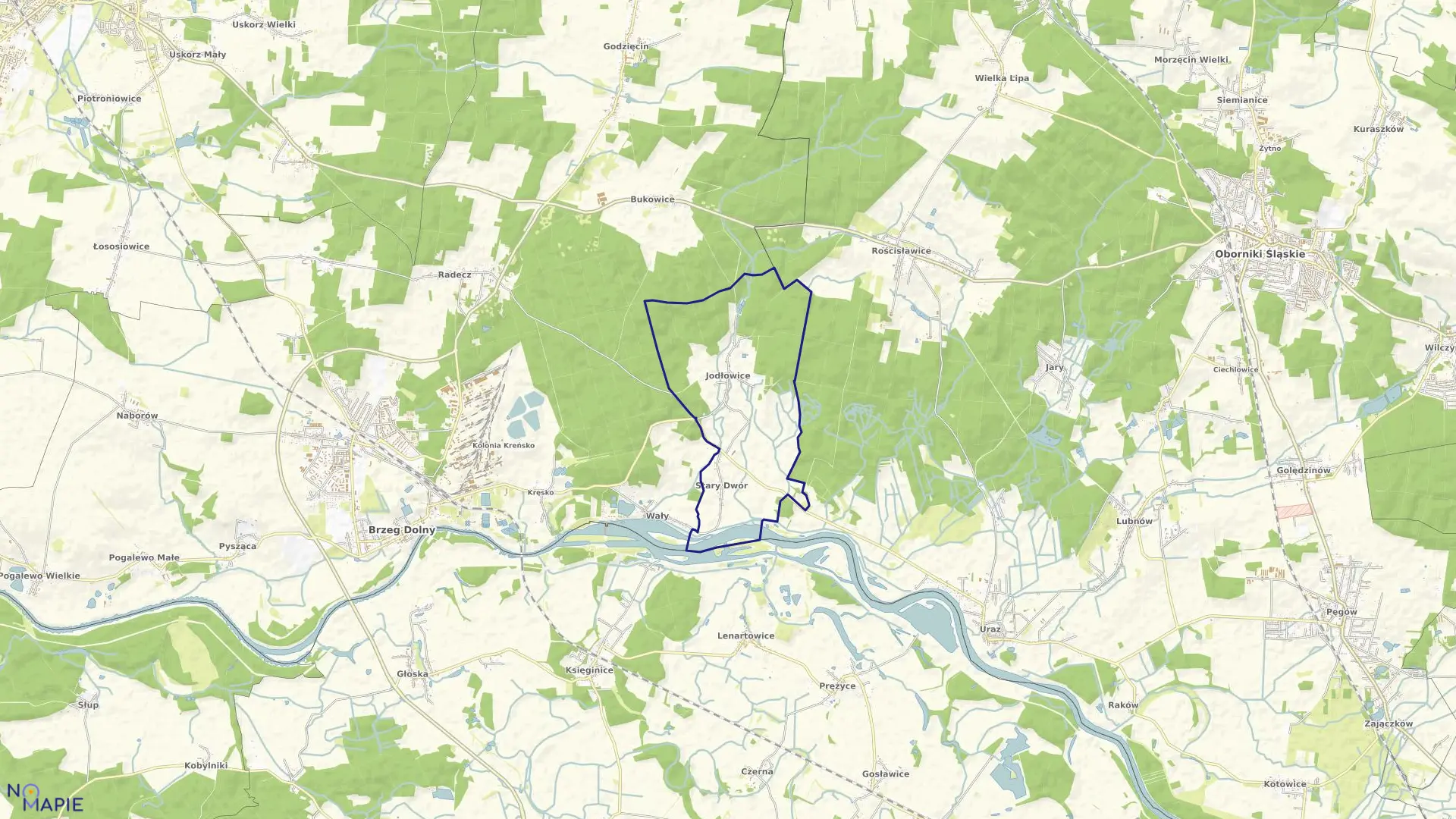 Mapa obrębu Jodłowice w gminie Brzeg Dolny